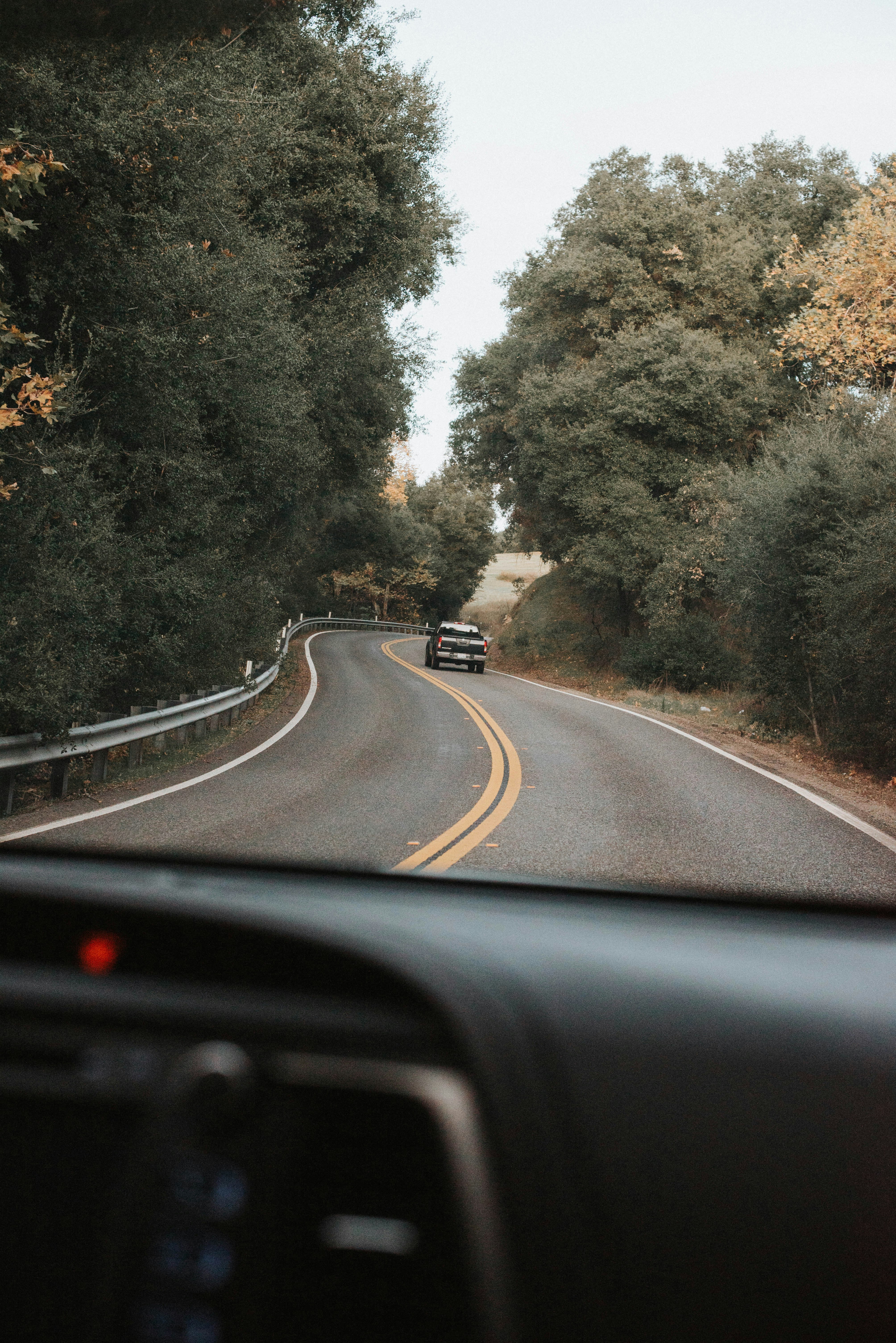 black car on road between green trees during daytime